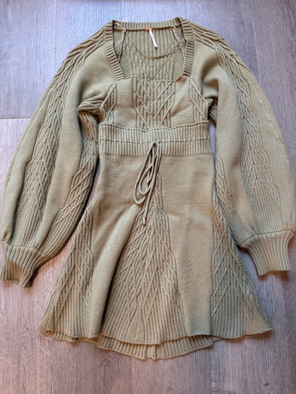 Free People Olive Green V-Neck Cable Knit Sweater Dress